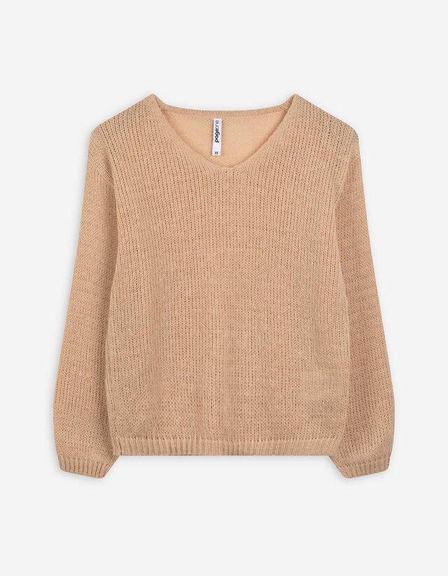 Strickpullover - V-Ausschnitt - beige