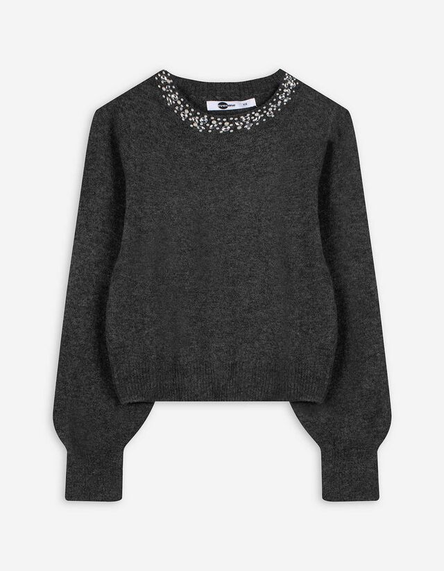 Strickpullover - Ziersteine - grau