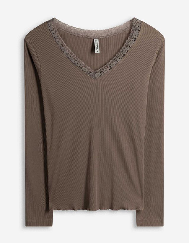 Langarmshirt - Spitzenbesatz - hellbraun