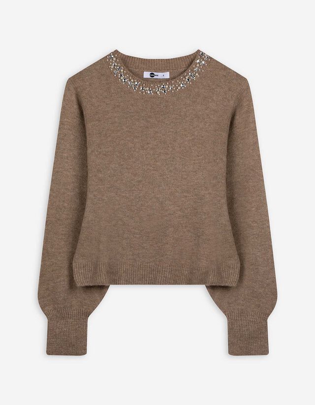 Strickpullover - Ziersteine - beige