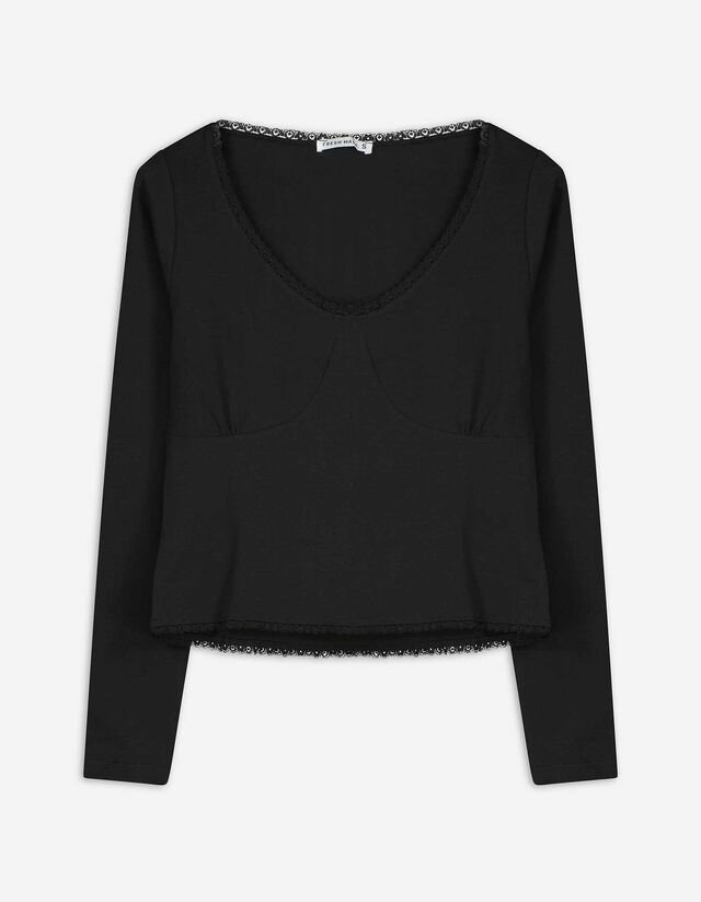 Langarmshirt - Spitzenbesatz - schwarz