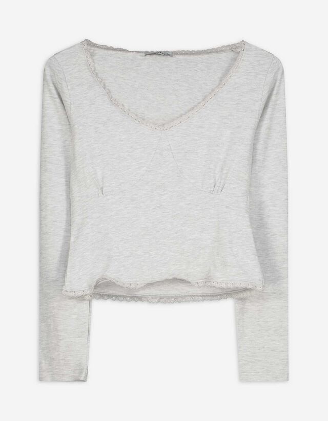Langarmshirt - Spitzenbesatz - grau