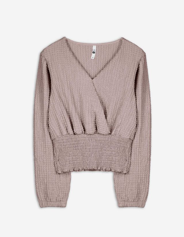 Langarmshirt - Crinkle-Optik - beige