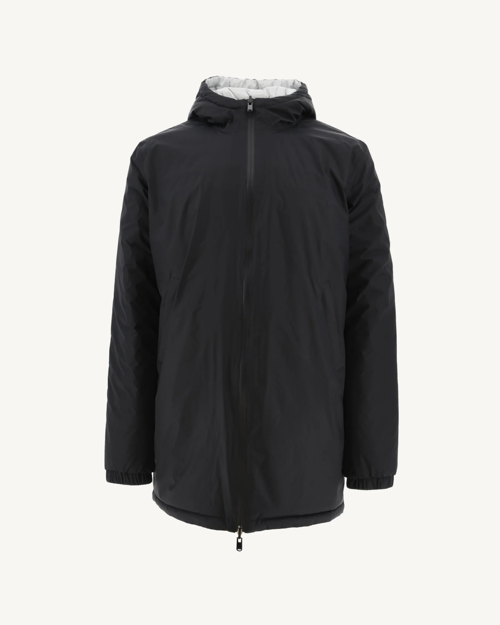 Long reversible hooded down jacket Black/Light gray Amsterdam