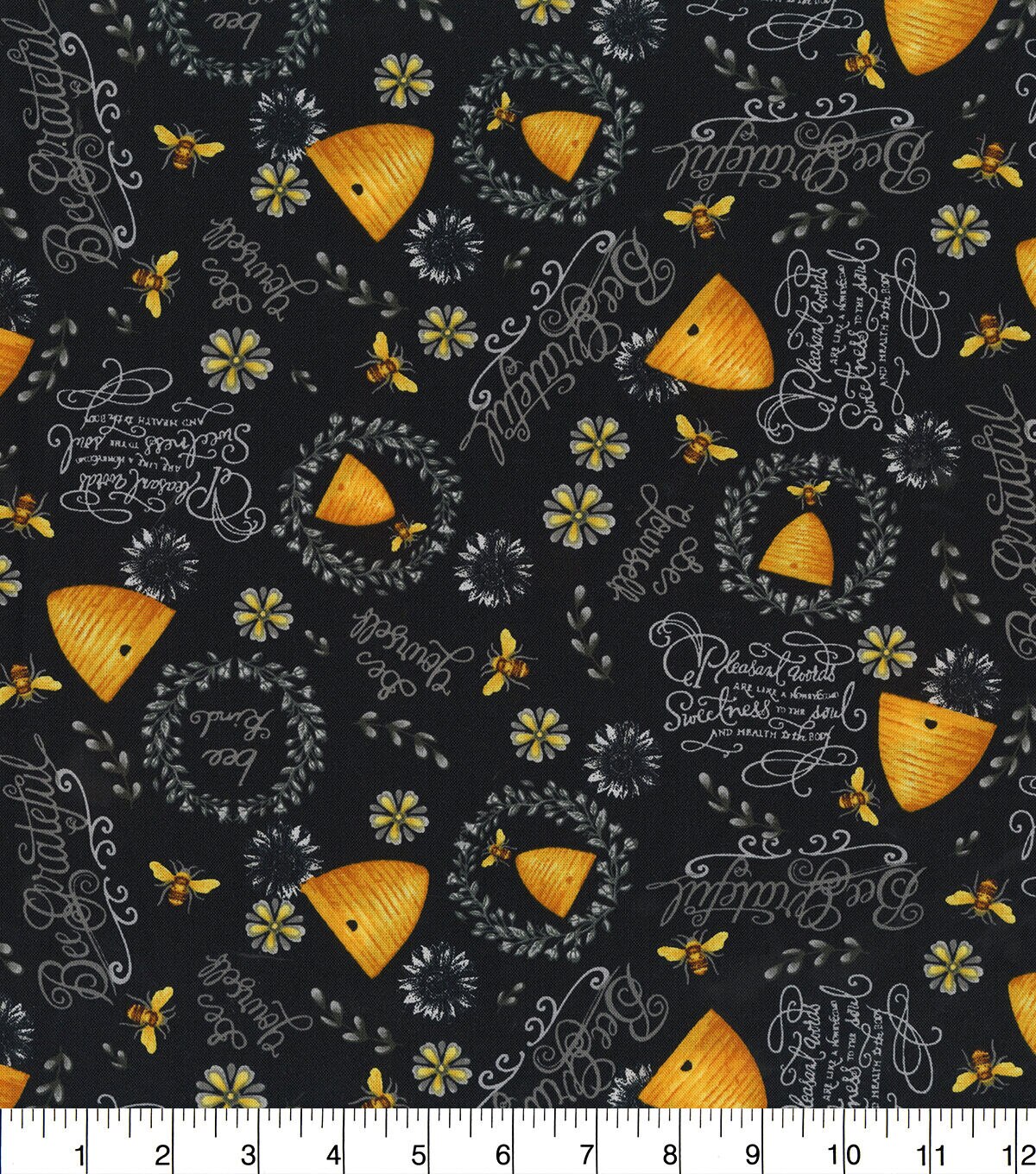 Hi Fashion Bee Hives And Phrases On Black Premium Print Cotton Fabric