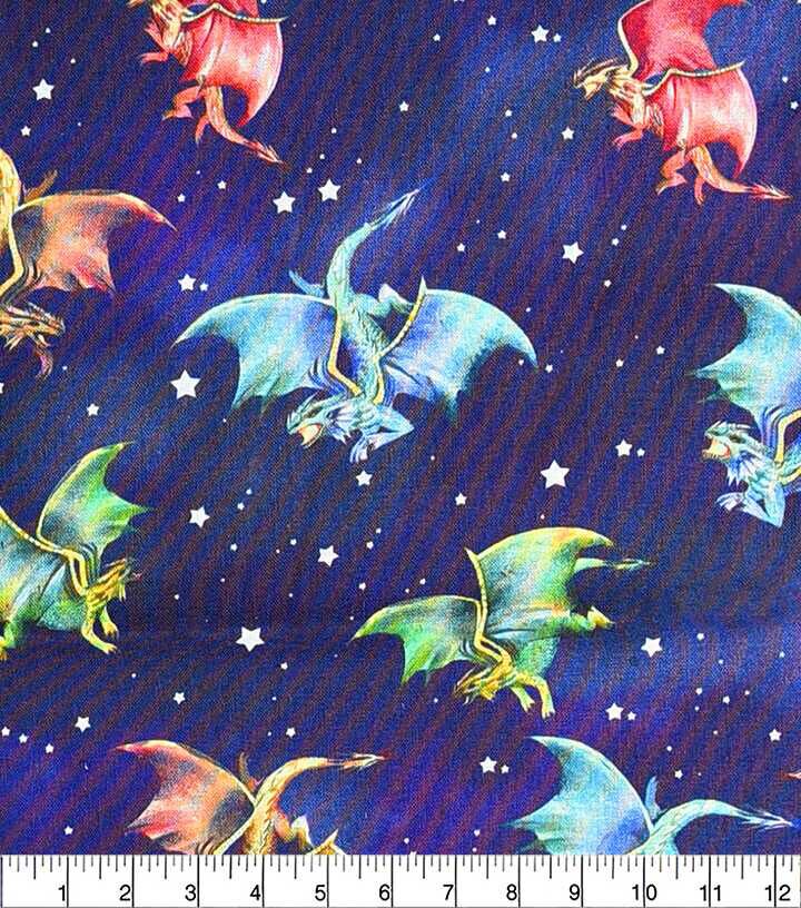Dragons And Stars On Navy Novelty Print Fabric