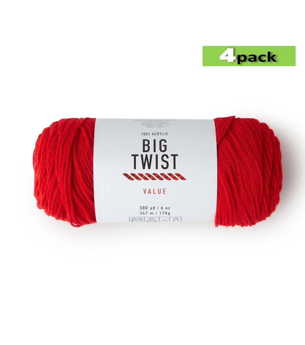4pk Solid Red Medium Weight Acrylic 380yd Value Yarn by Big Twist