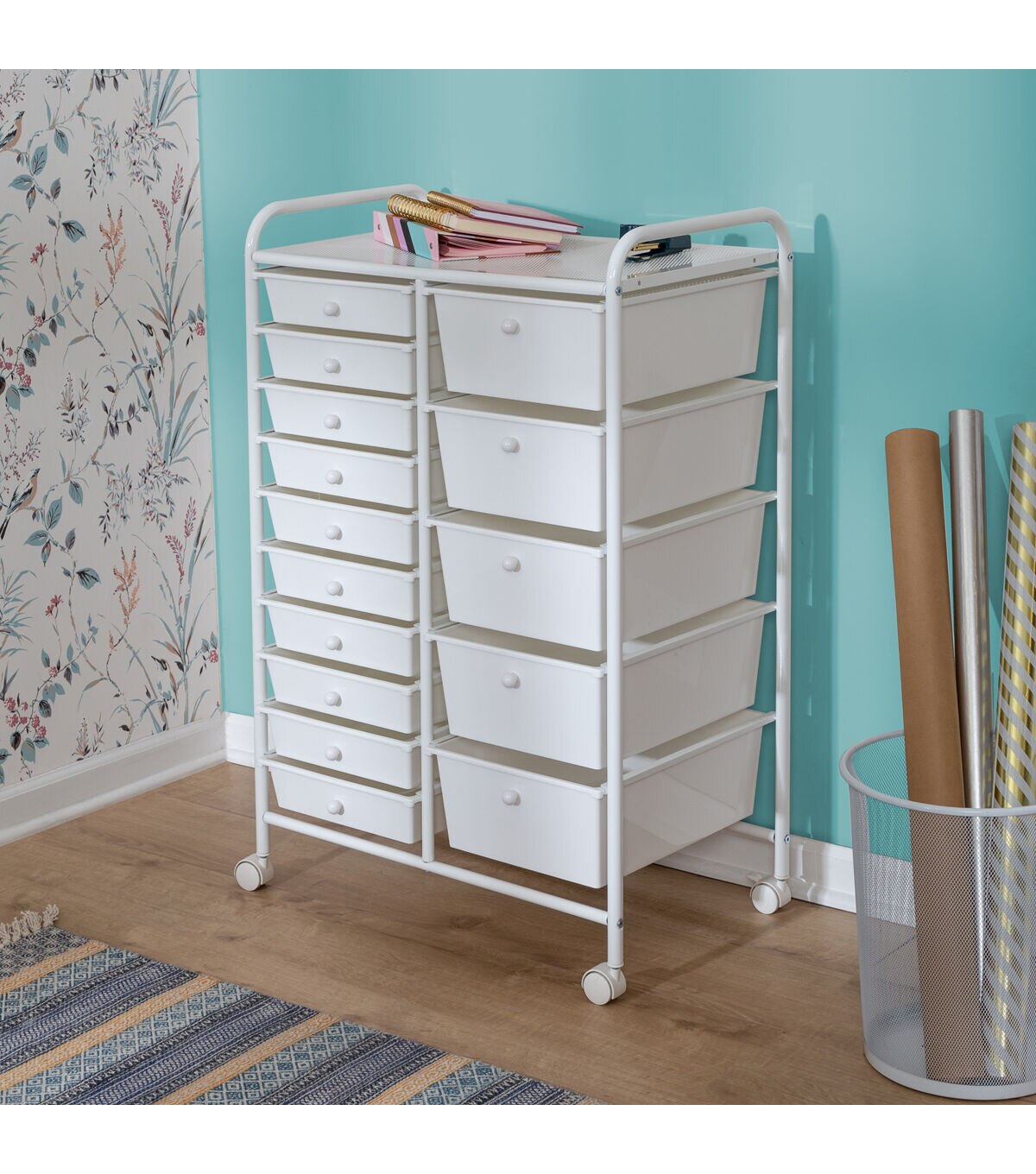 Honey Can Do 25 x 38 Gray & White 15 Drawer Metal Rolling Storage Cart