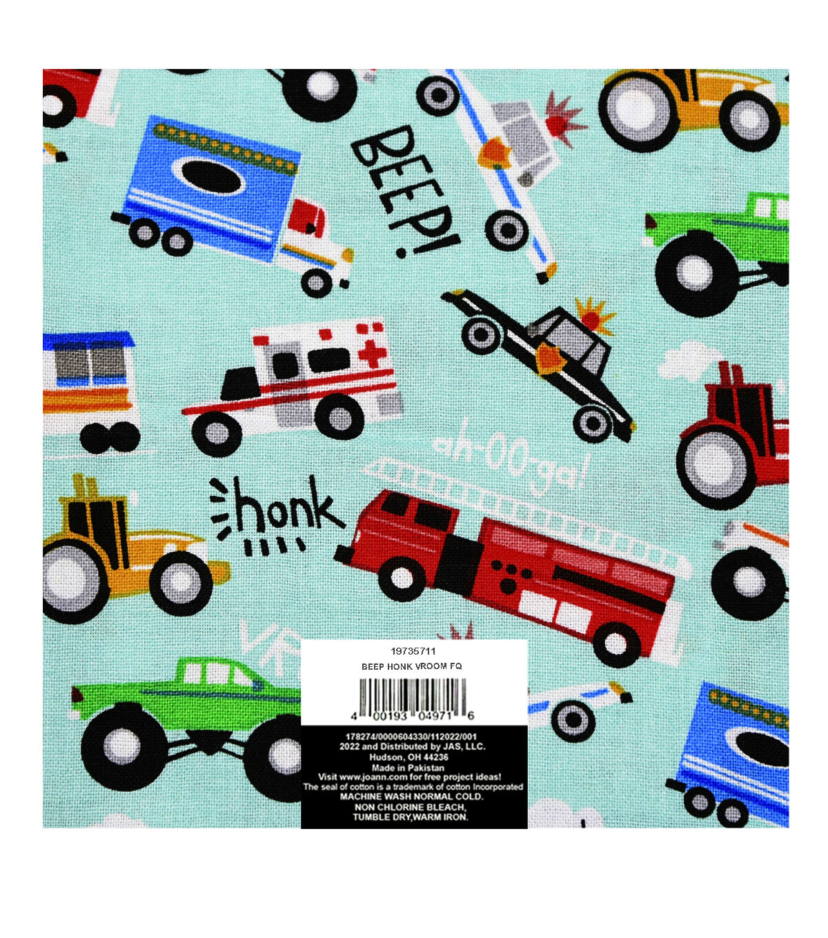 18 x 21 Beep Honk Vroom on Blue Novelty Cotton Fabric Quarter 1pc