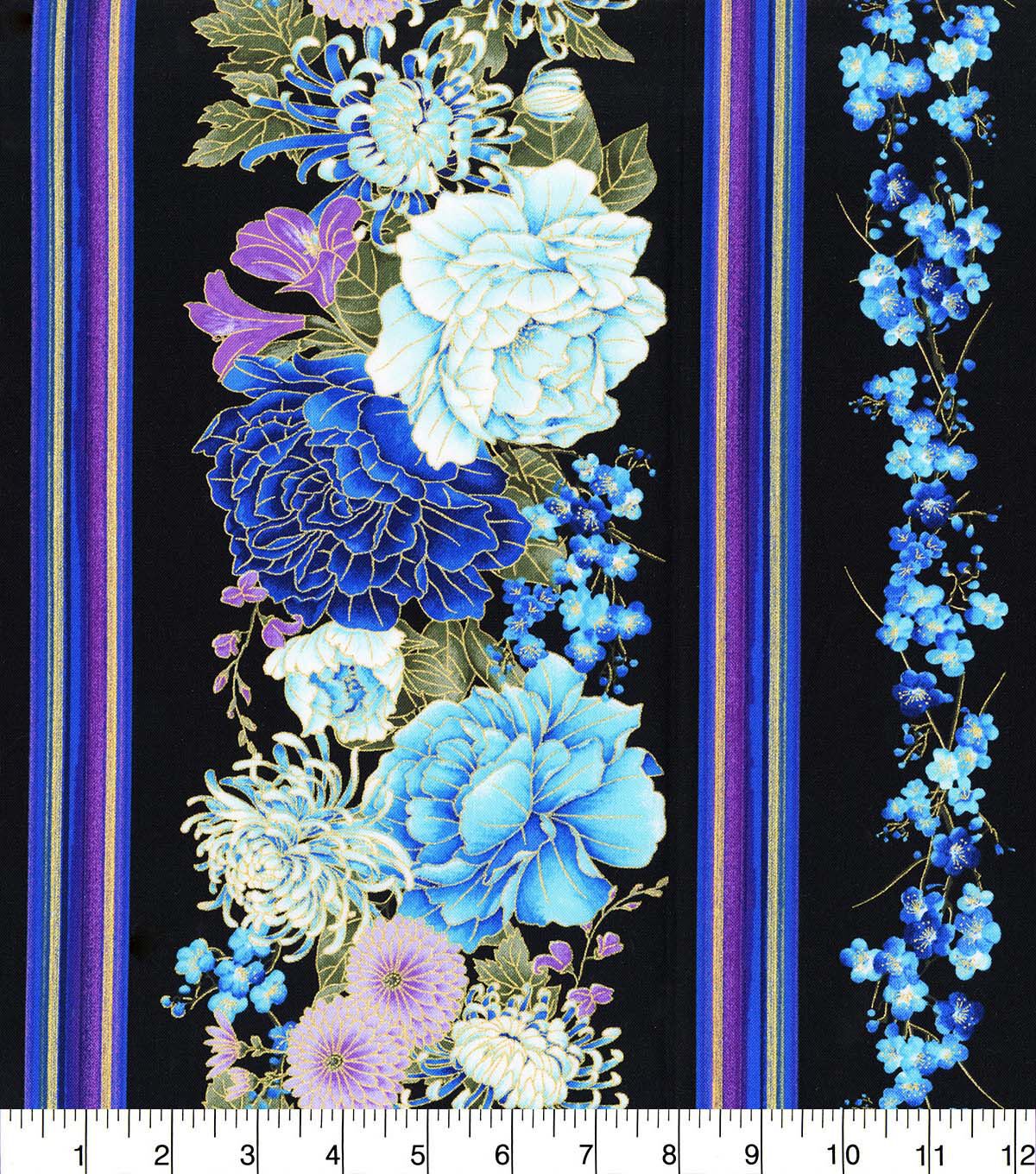 Hi Fashion Blue & Purple Floral Stripe Premium Metallic Cotton Fabric
