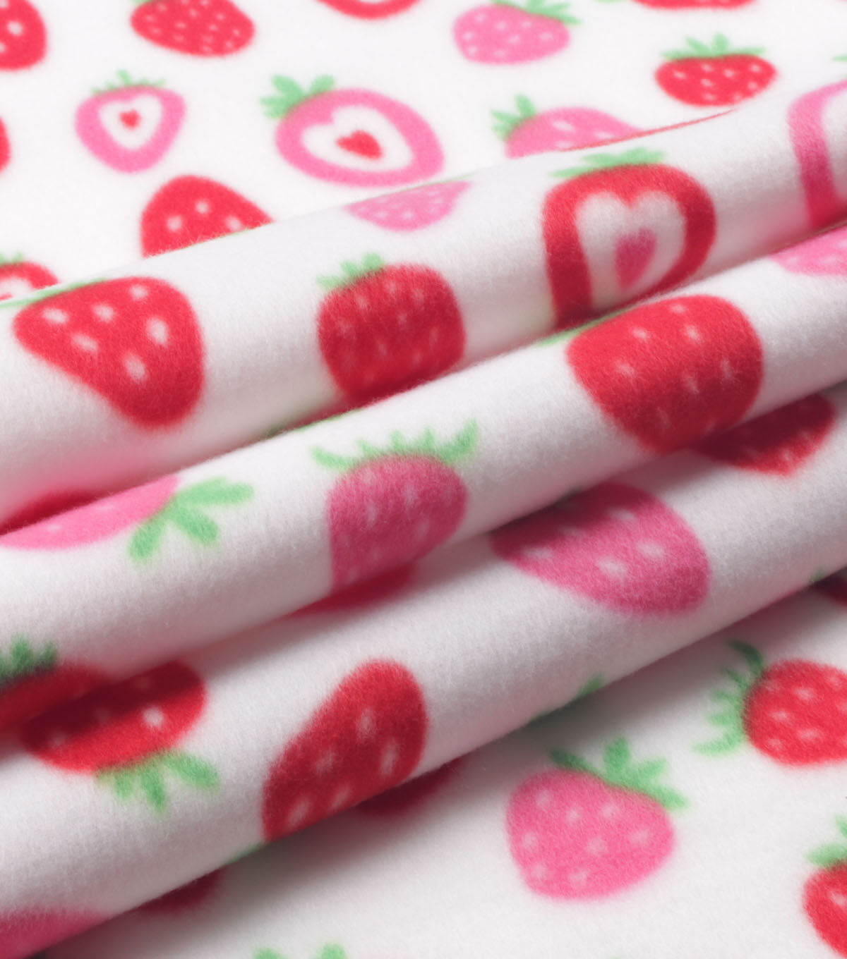 Strawberry Hearts on White Blizzard Fleece Fabric