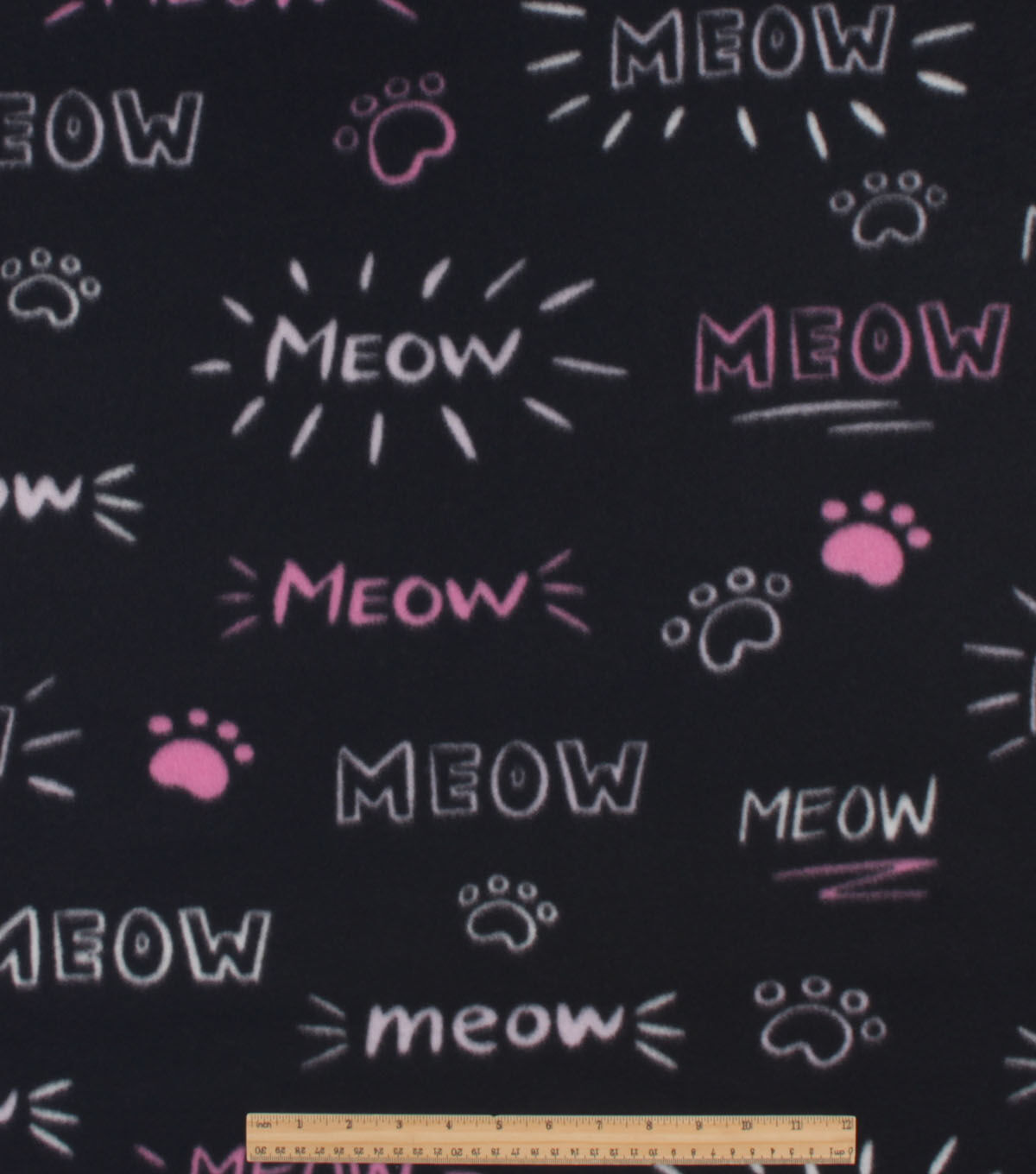 Meow Paw Prints on Black Blizzard Fleece Fabric