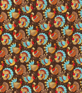 Fall Teal Turkeys on Brown Cotton Fabric