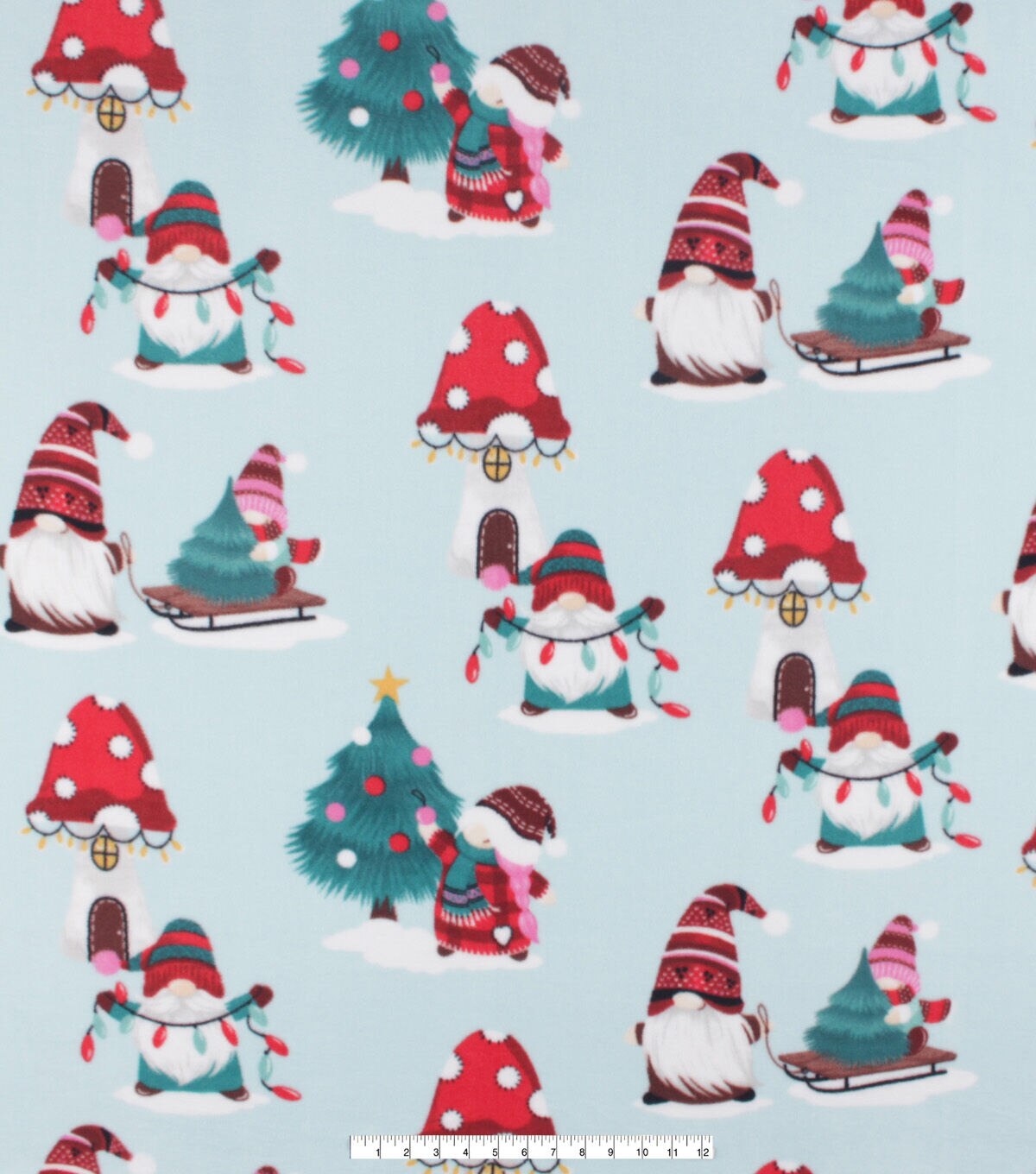 Christmas Gnomes on Blue Anti Pill Fleece Fabric