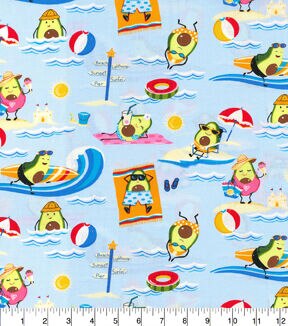 Fabric TraditionsAvocados At The Beach On Blue Novelty Cotton Fabric