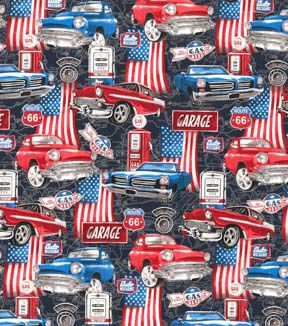 Fabric Traditions Car Travel Americana on Black Novelty Cotton Fabric