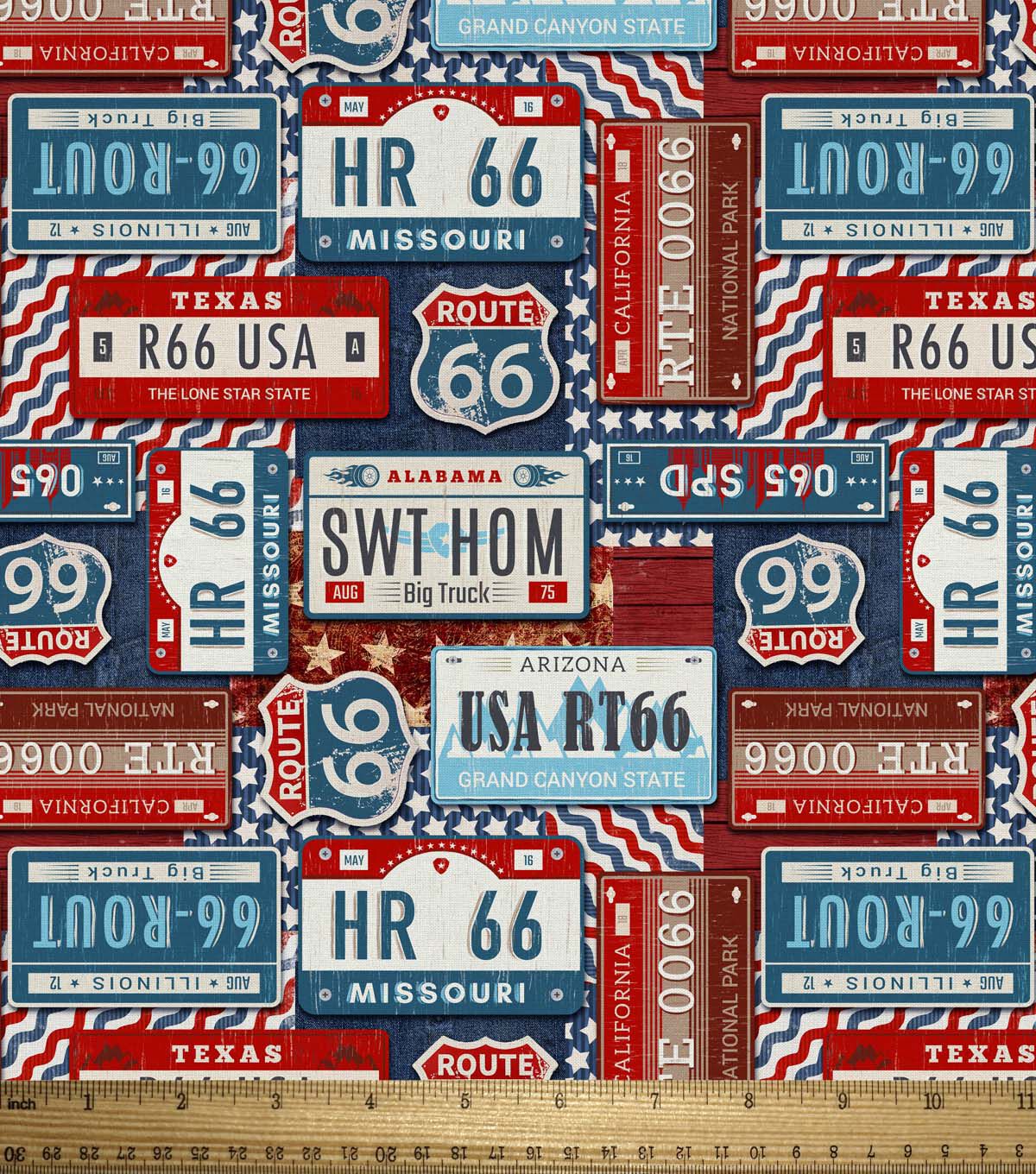 David Textiles Red Americana License Plates Novelty Cotton Fabric