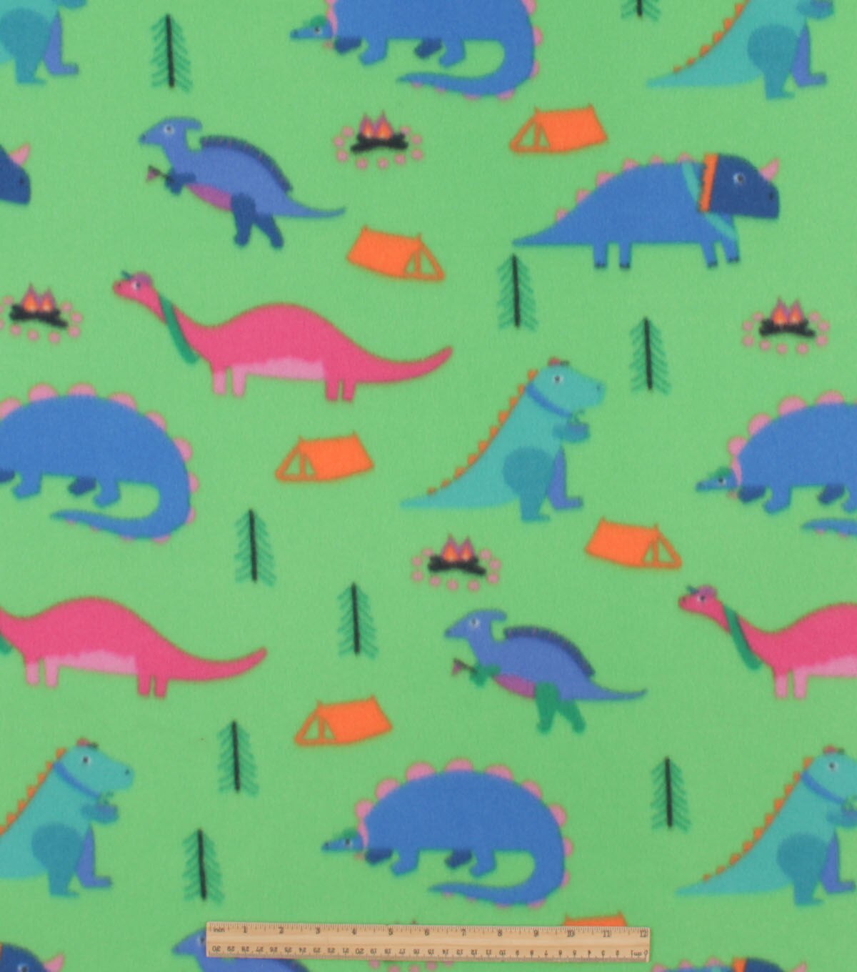 Camping Dinosaurs on Green Blizzard Fleece Fabric