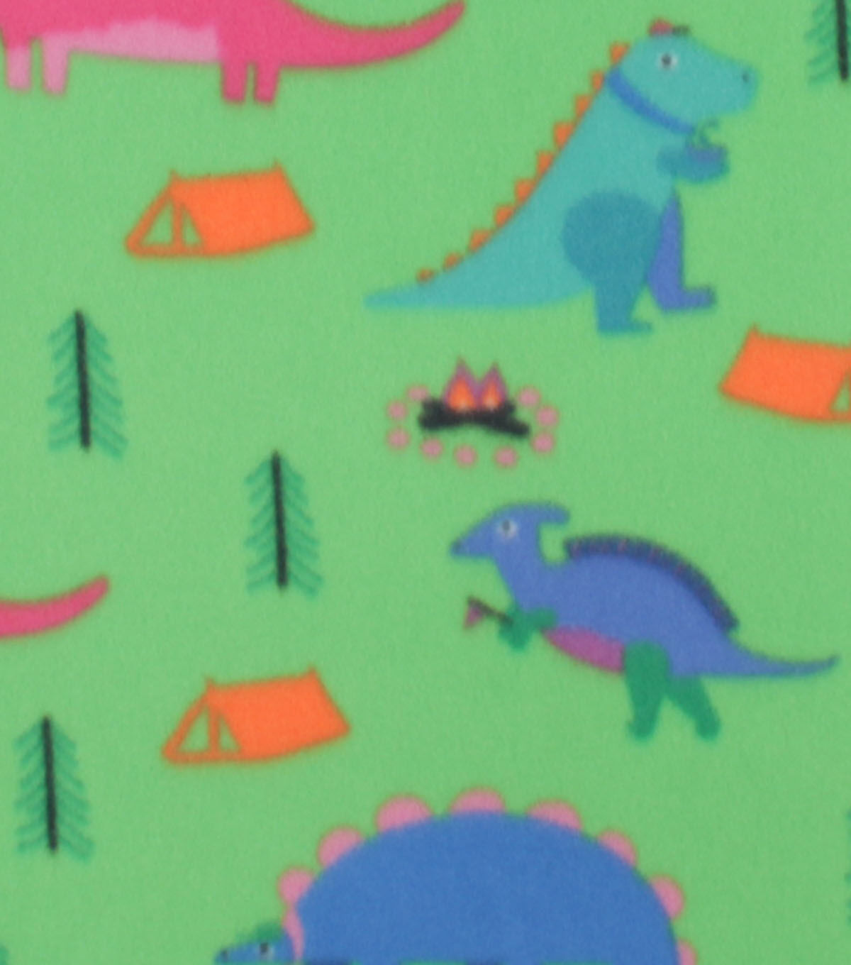 Camping Dinosaurs on Green Blizzard Fleece Fabric