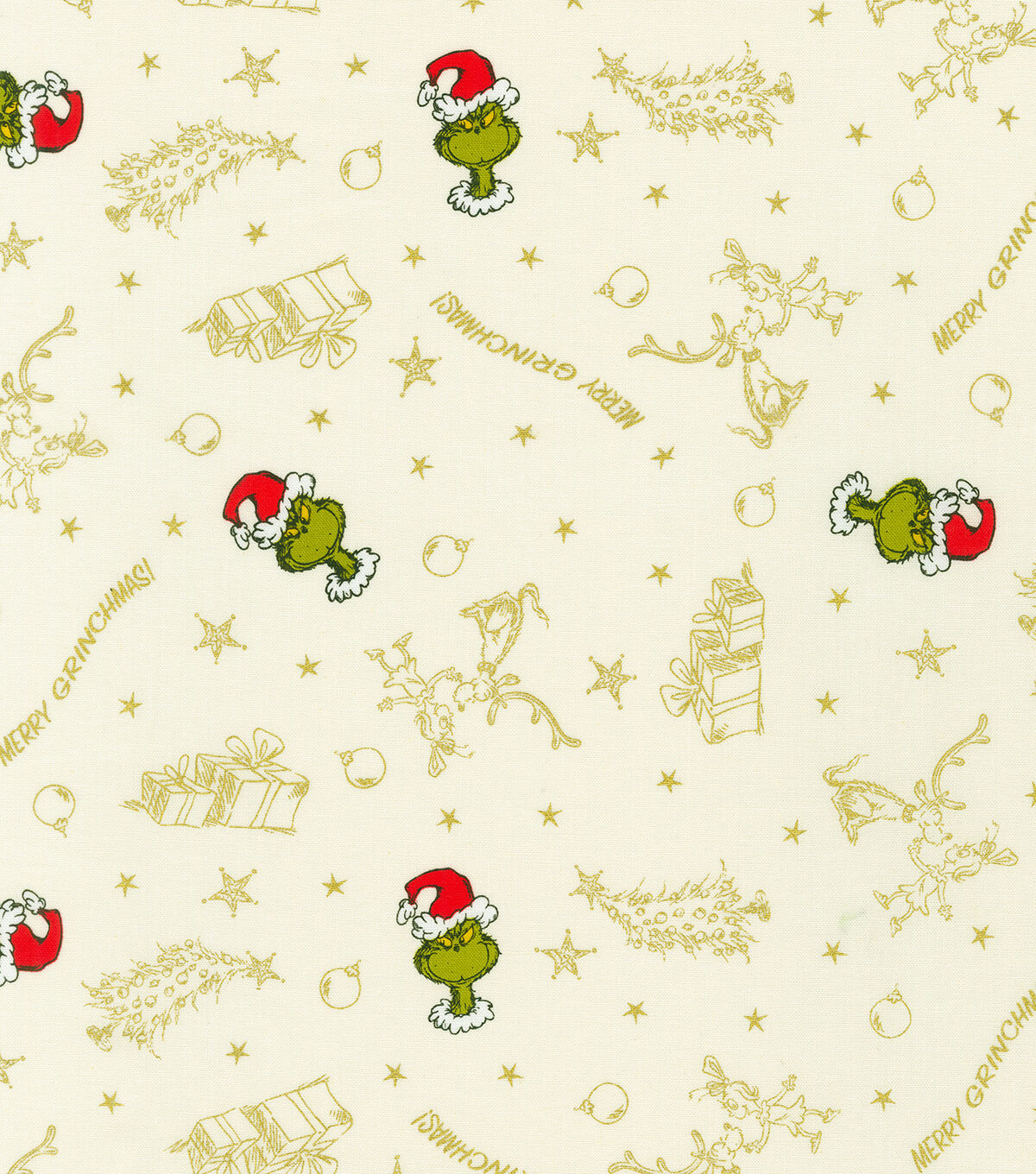 Metallic Merry Grinchmas on Ivory Christmas Cotton Fabric