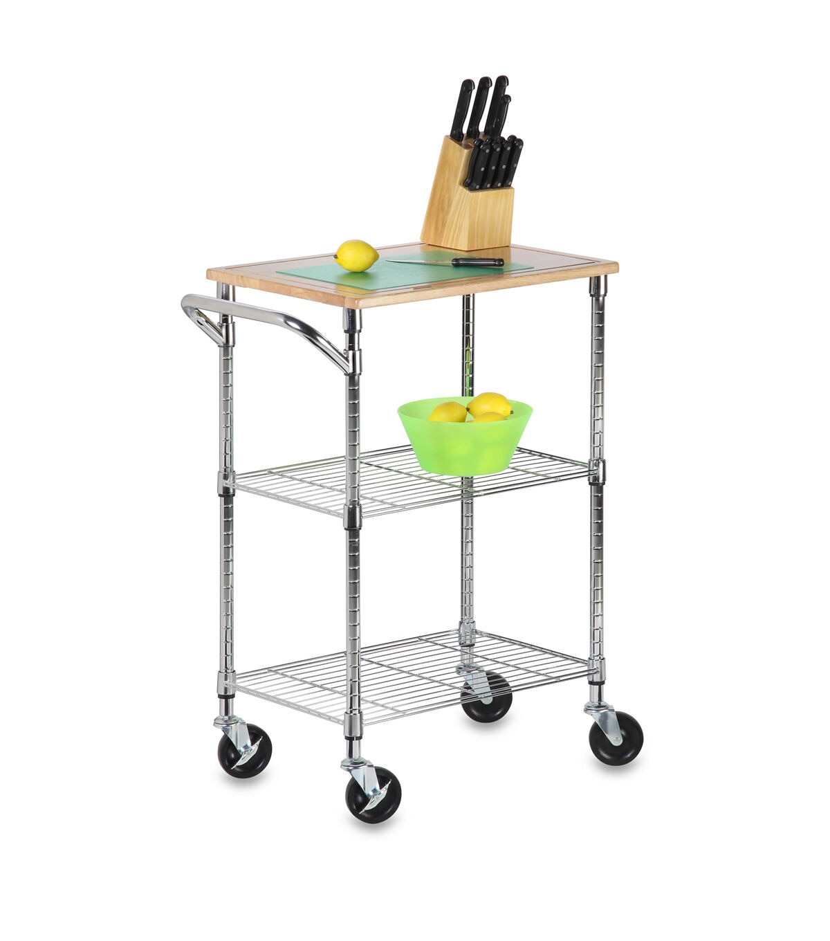Honey Can Do 38 Chrome & Wood 3 Tier Kitchen Cart With Cutting Board