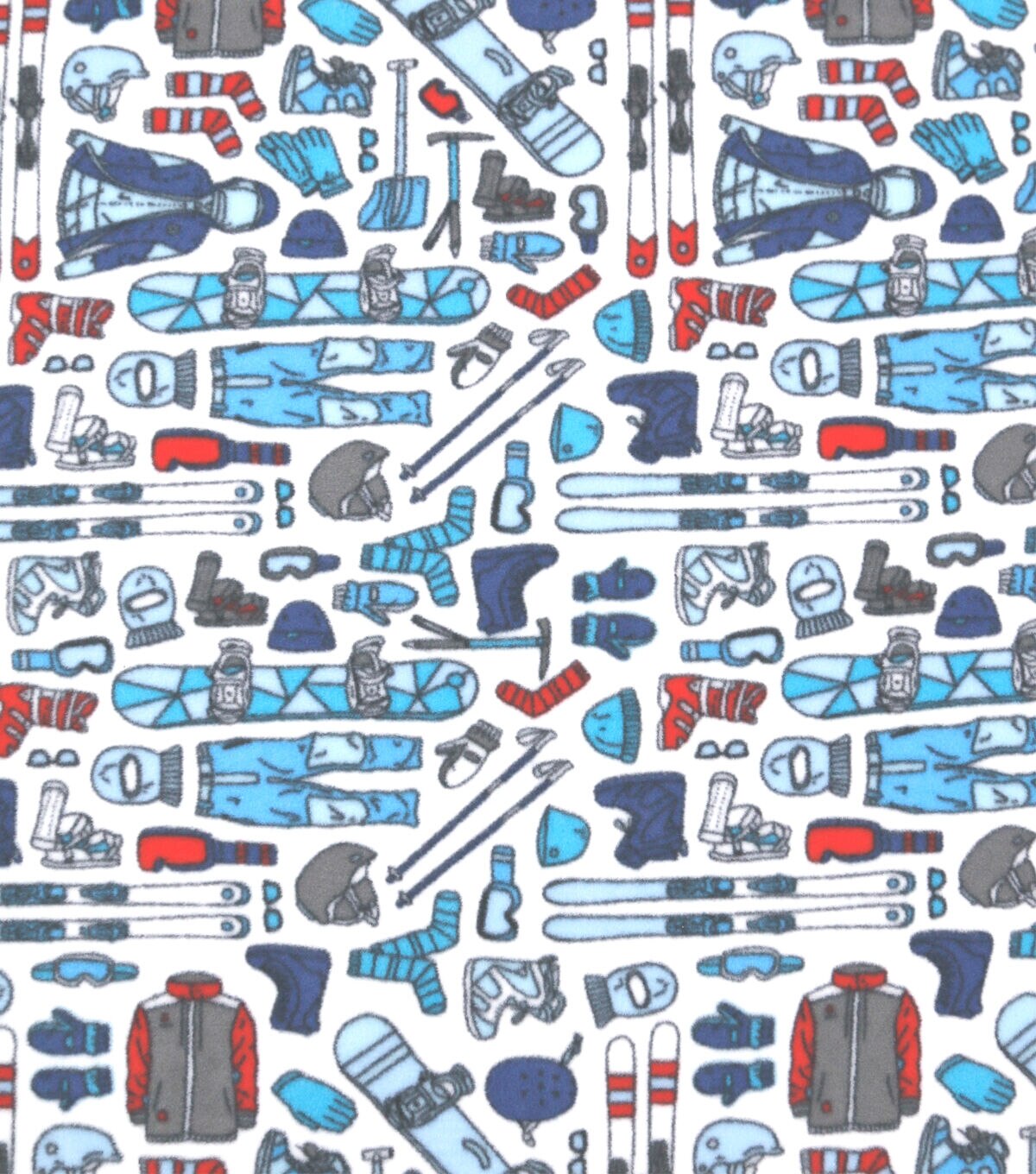 Ski & Snowboards on White Anti Pill Fleece Fabric