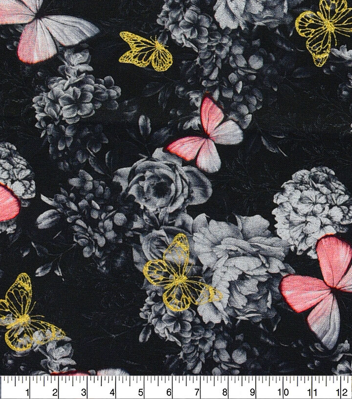 Butterflies & Flowers on Black Premium Metallic Cotton Fabric