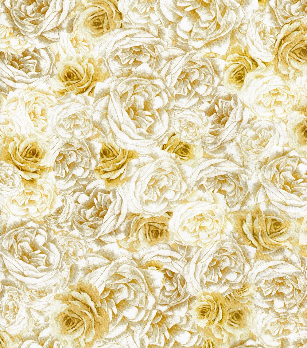 Yellow Sunny Bee Packed Roses Premium Cotton Fabric