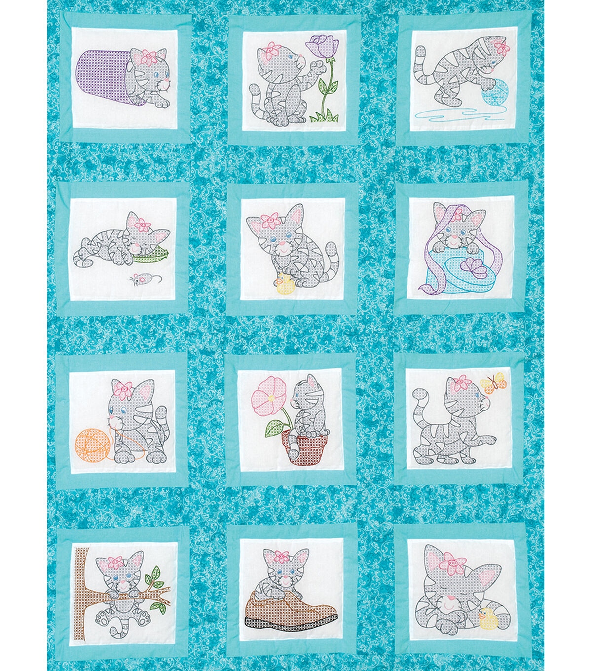 Jack Dempsey 9 Kittens Themed Stamped Quilt Blocks 12ct