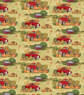 Red Truck On The Farm Harvest Cotton Fabric
