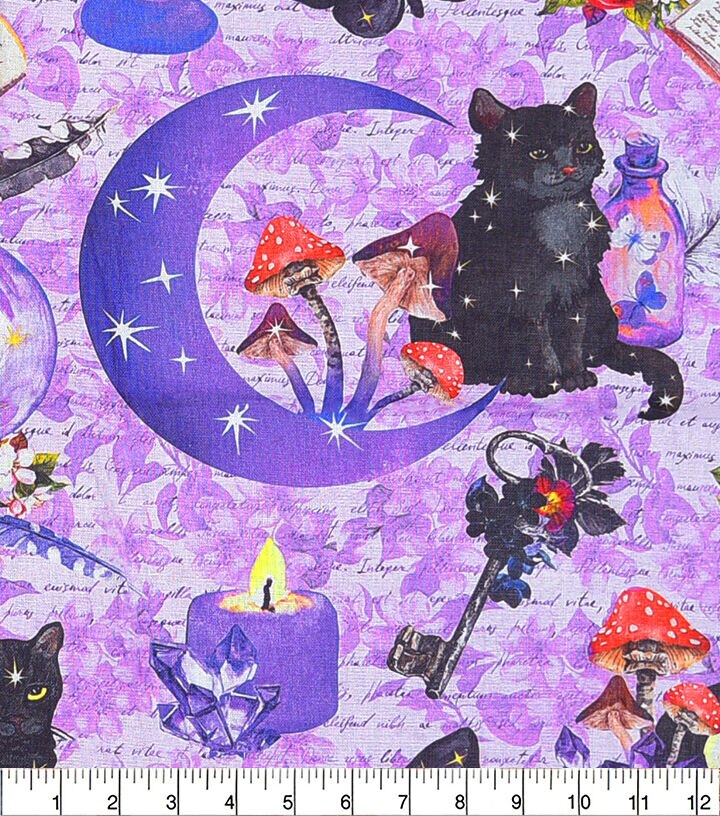 Mystical Black Cats on Purple Novelty Cotton Fabric