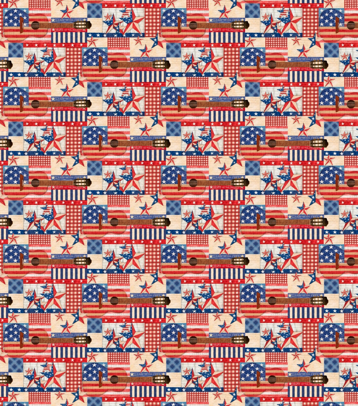 Springs Creative Guitars on Red Patriotic Cotton Fabric