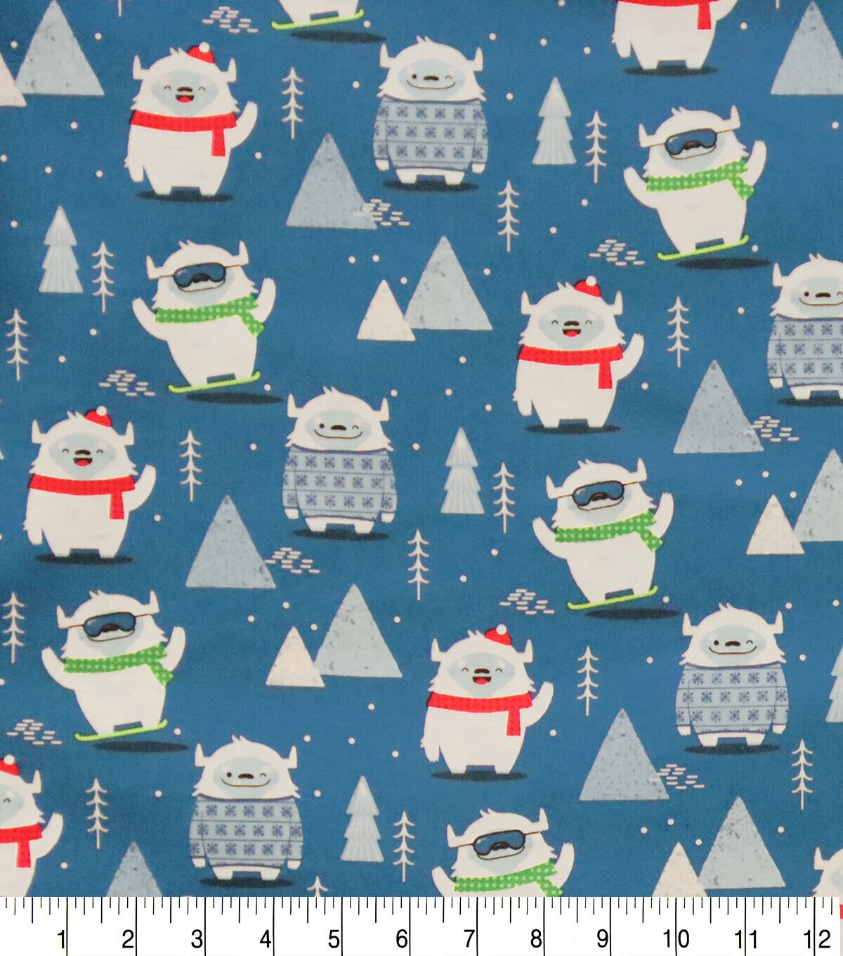 Yeti on Blue Novelty Christmas Cotton Fabric
