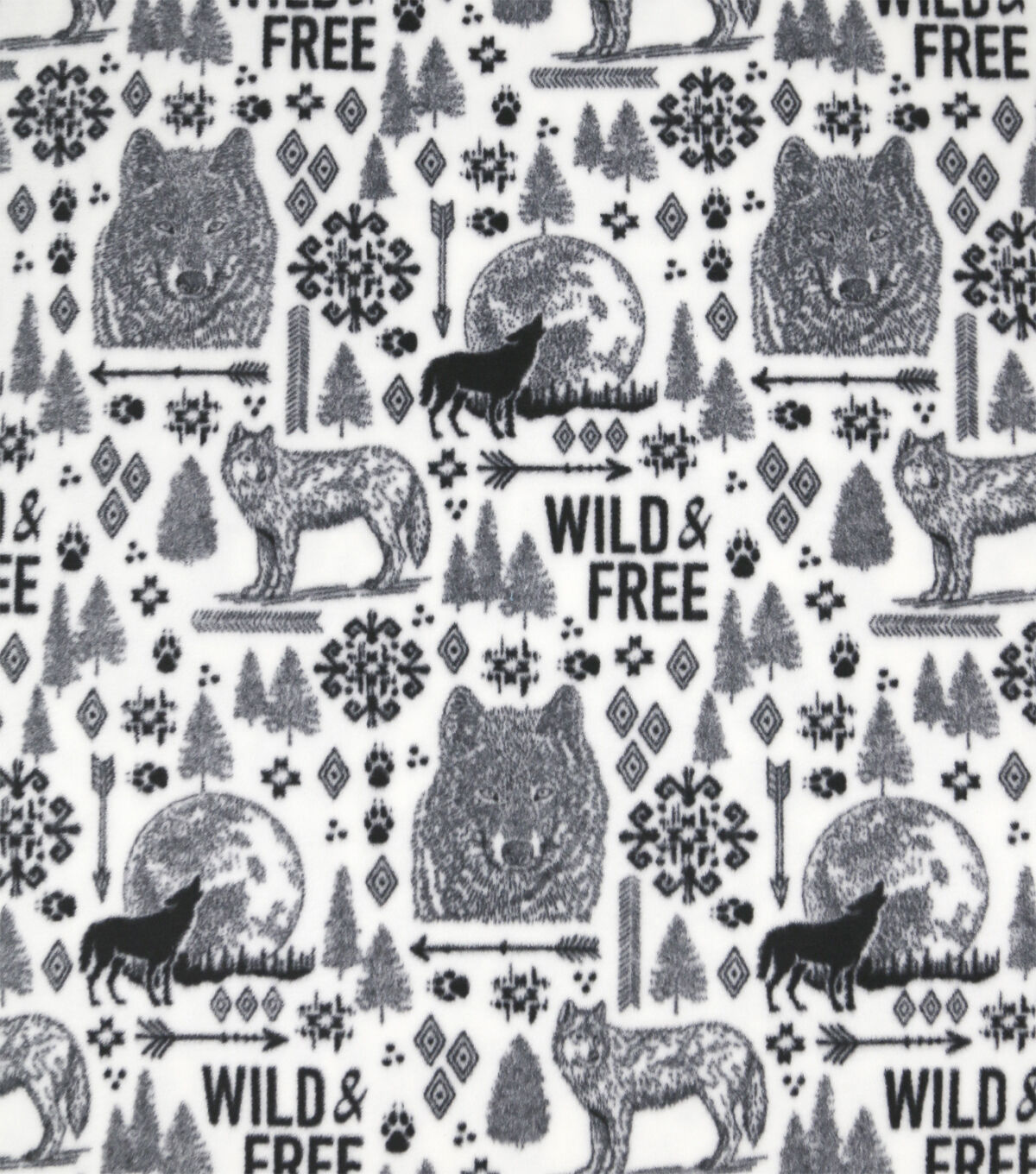 Black Wild & Free on White Anti Pill Fleece Fabric