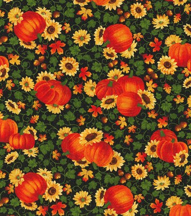 Fall Harvest Bounty Pumpkins on Black Glitter Cotton Fabric