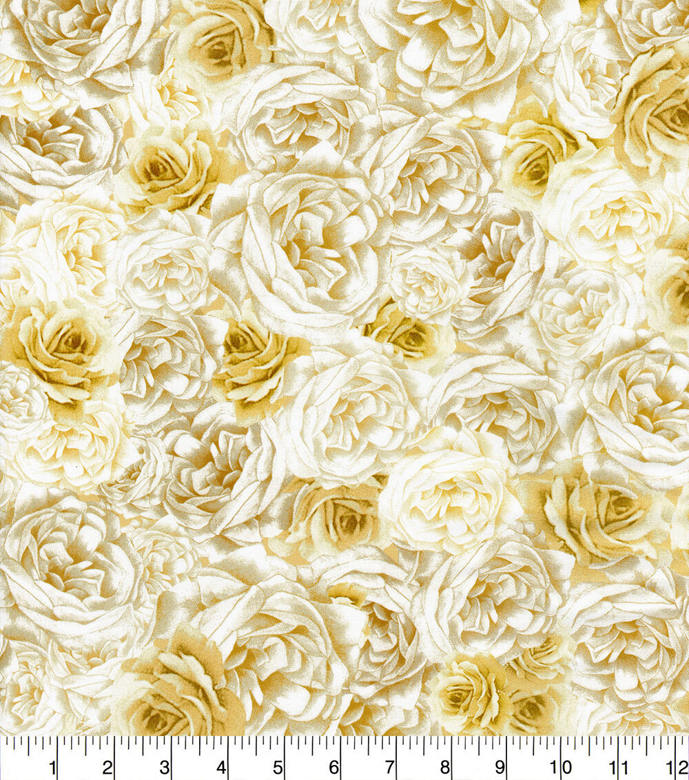 Yellow Sunny Bee Packed Roses Premium Cotton Fabric