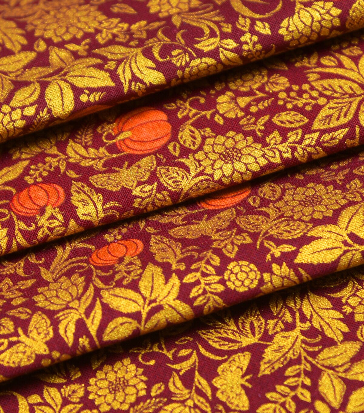 Fall Metallic Pumpkins & Vines on Burgundy Glitter Cotton Fabric