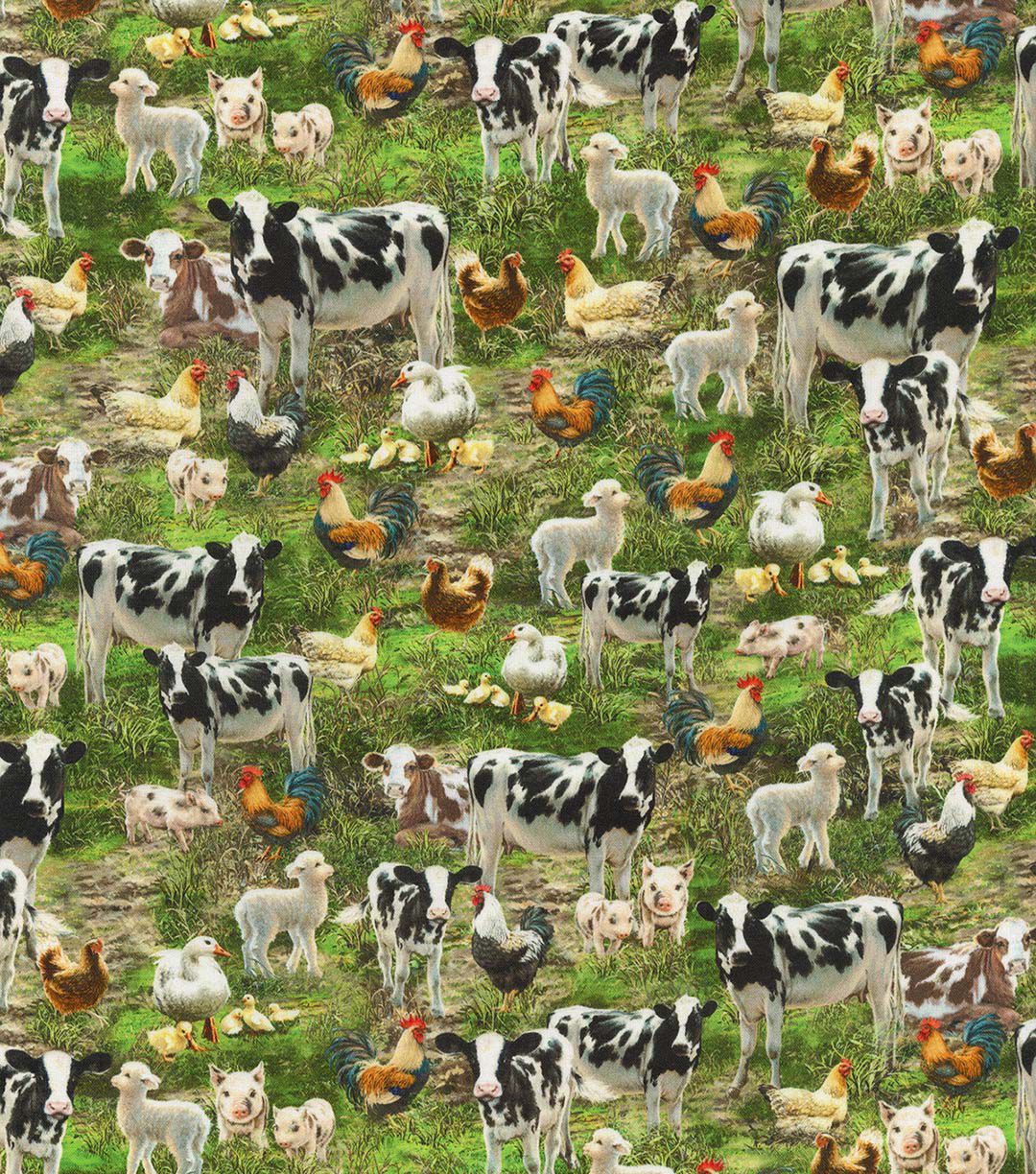 Hi Fashion Barnyard Animals on Green Novelty Cotton Fabric