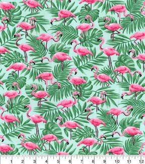 Fabric Traditions Pink Flamingos In Palm Leaves Novelty Cotton Fabric