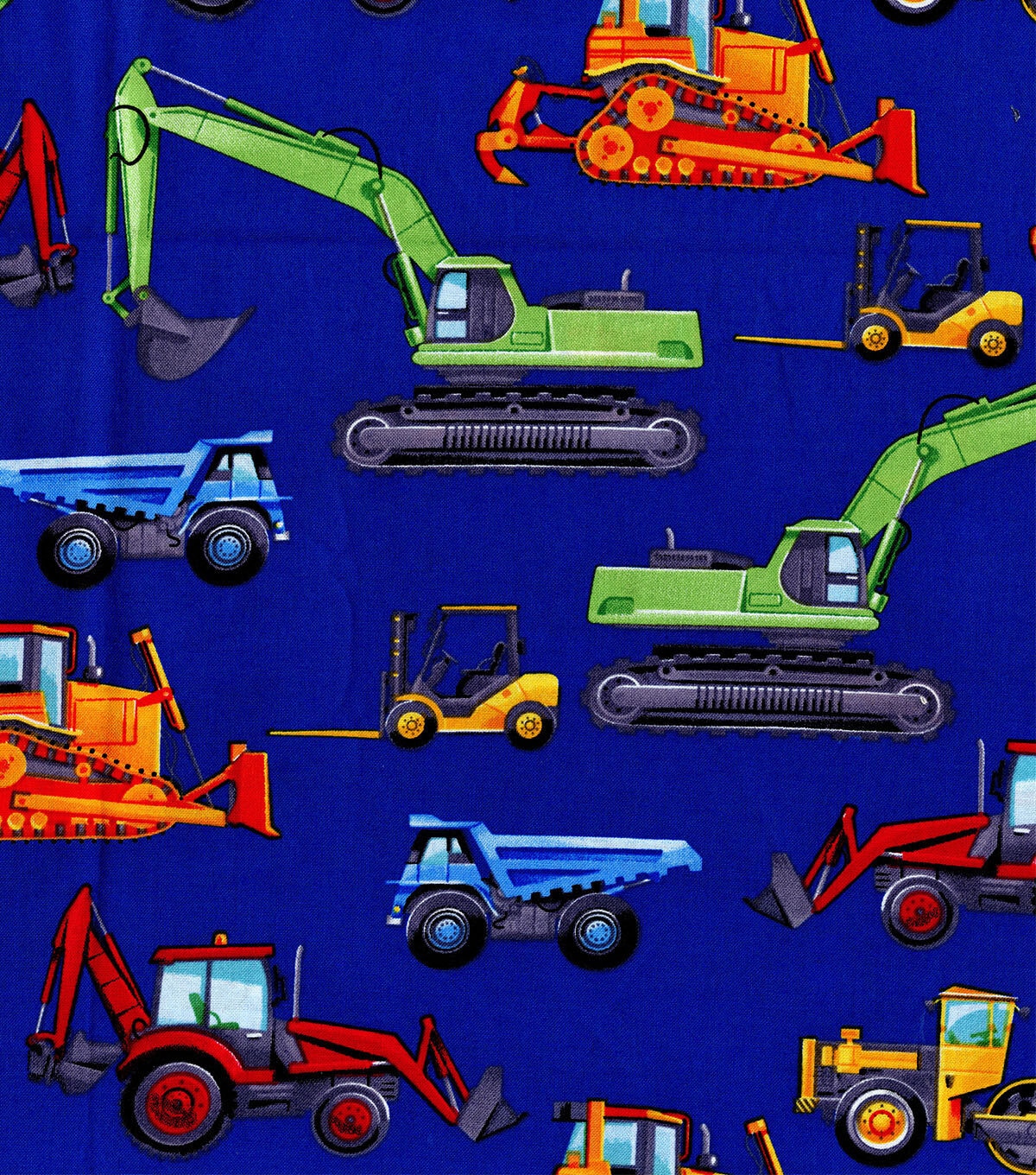 Hi Fashion Blue Construction Trucks Novelty Cotton Fabric