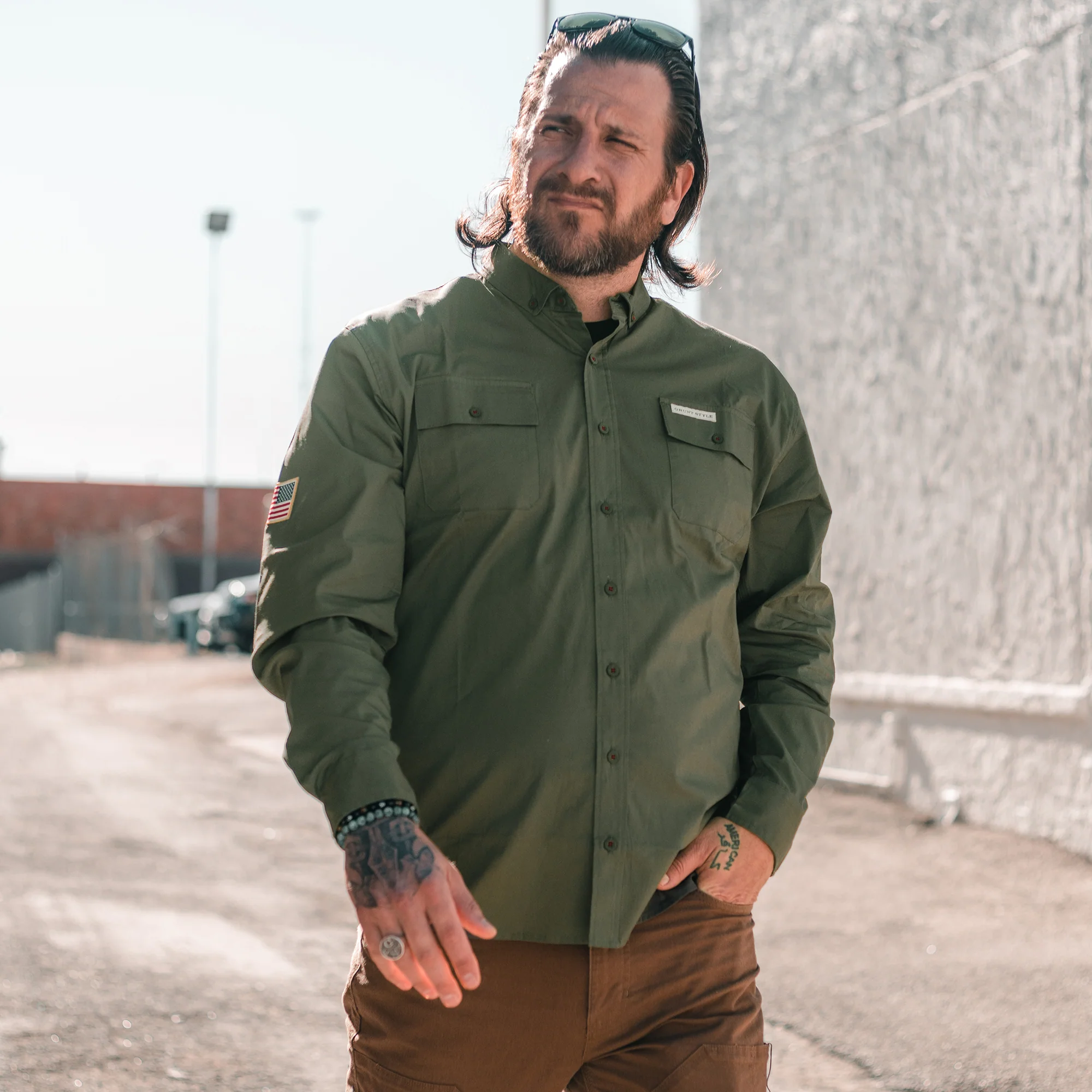 Men's Long Sleeve Garage Button Down - Military Green
