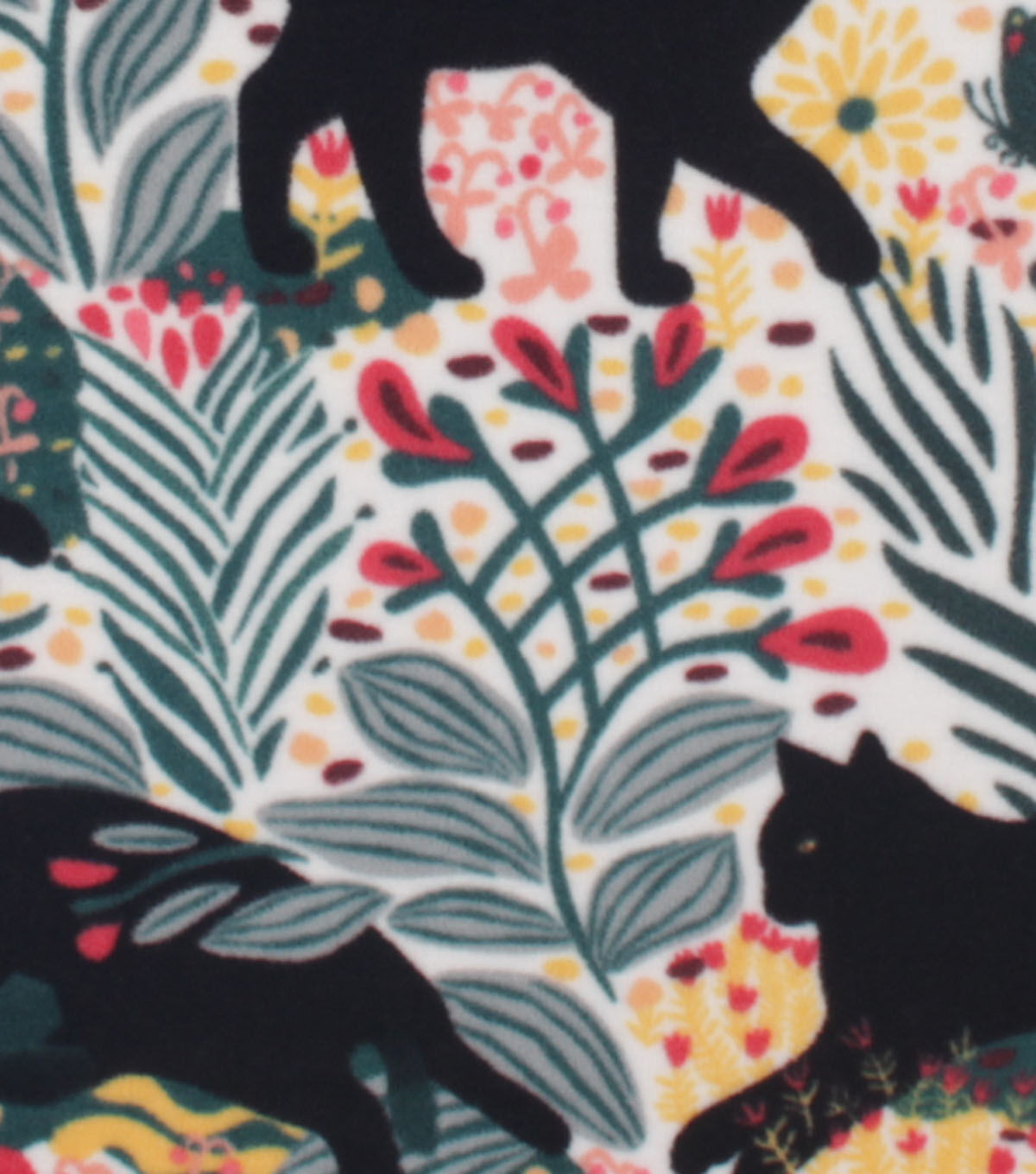 Black Cat on Floral Anti Pill Plush Fleece Fabric