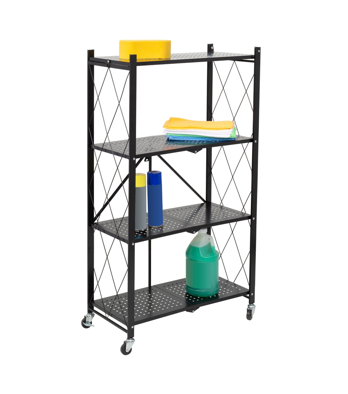 Honey Can Do 28 x 49.5 Black Folding 4 Tier Metal Rolling Shelf
