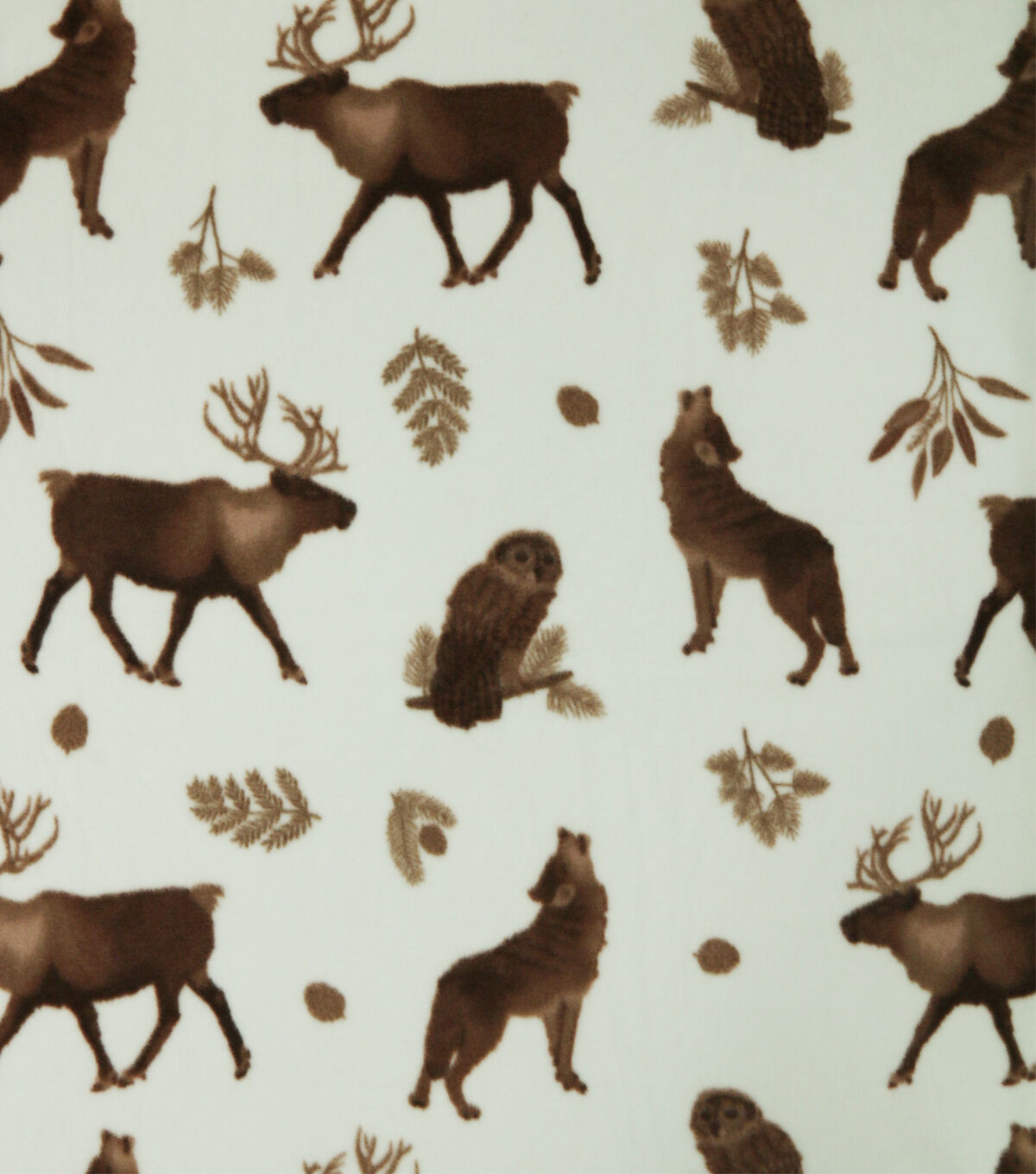 Wilderness Owl & Wolf on Brown Anti Pill Fleece Fabric