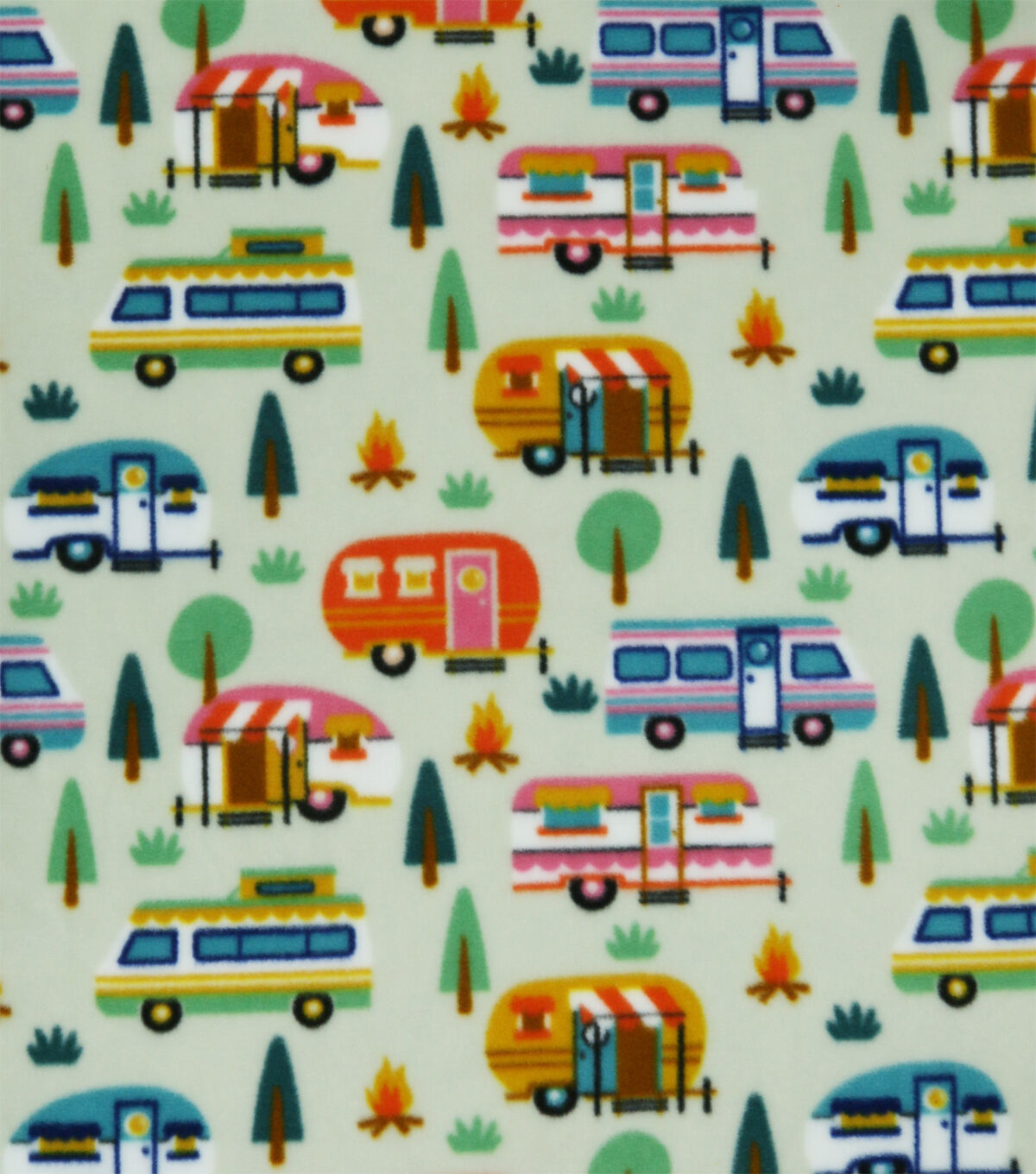 Multiple Campers on Green Anti Pill Fleece Fabric