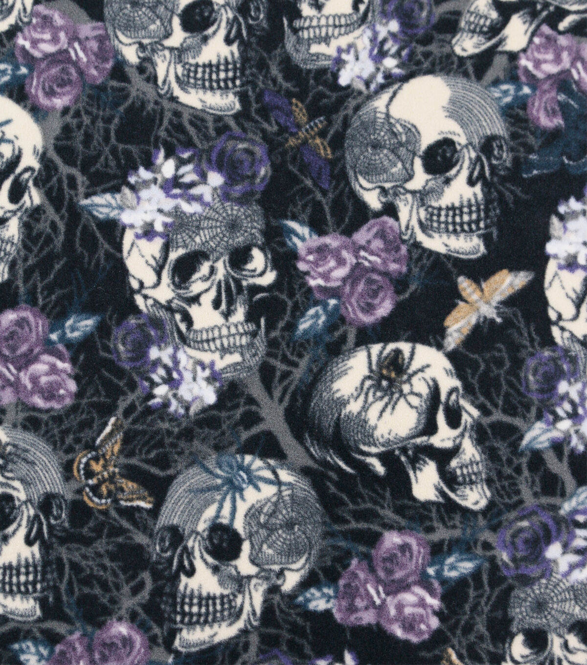 Purple & White Floral Skulls Anti Pill Fleece Fabric