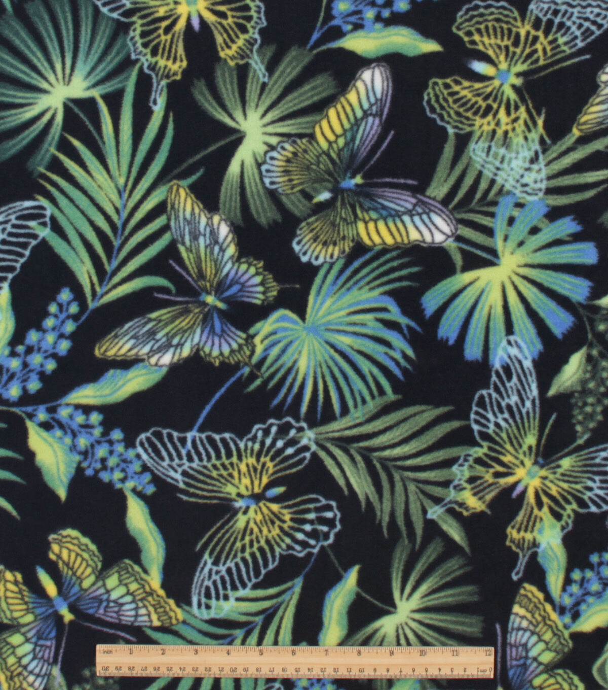 Palm & Butterfly on Black Anti Pill Plush Fleece Fabric
