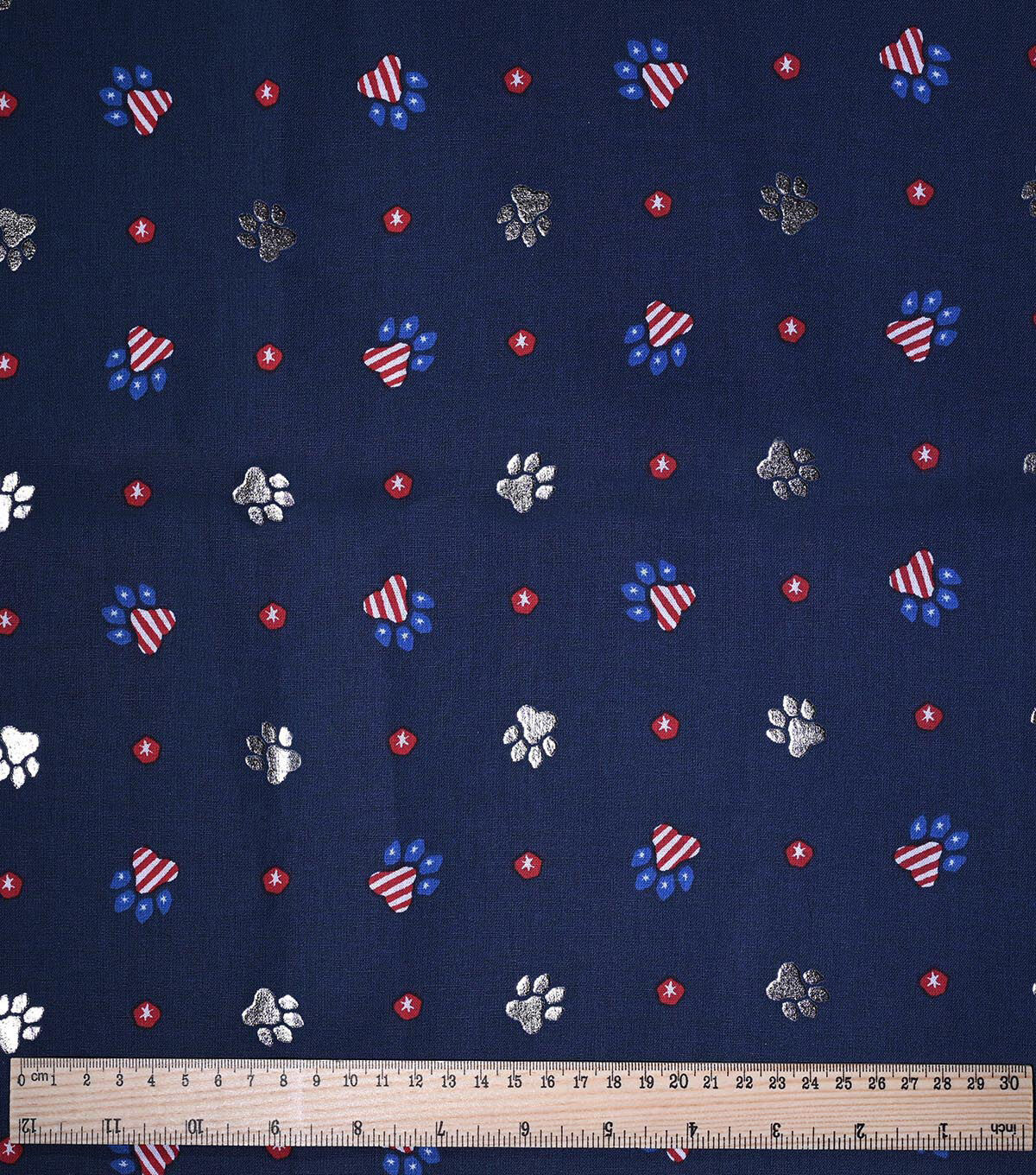 Navy Paw Prints Patriotic Foil Cotton Fabric
