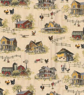 Fabric Traditions Chickens On Farm Tan Novelty Cotton Fabric