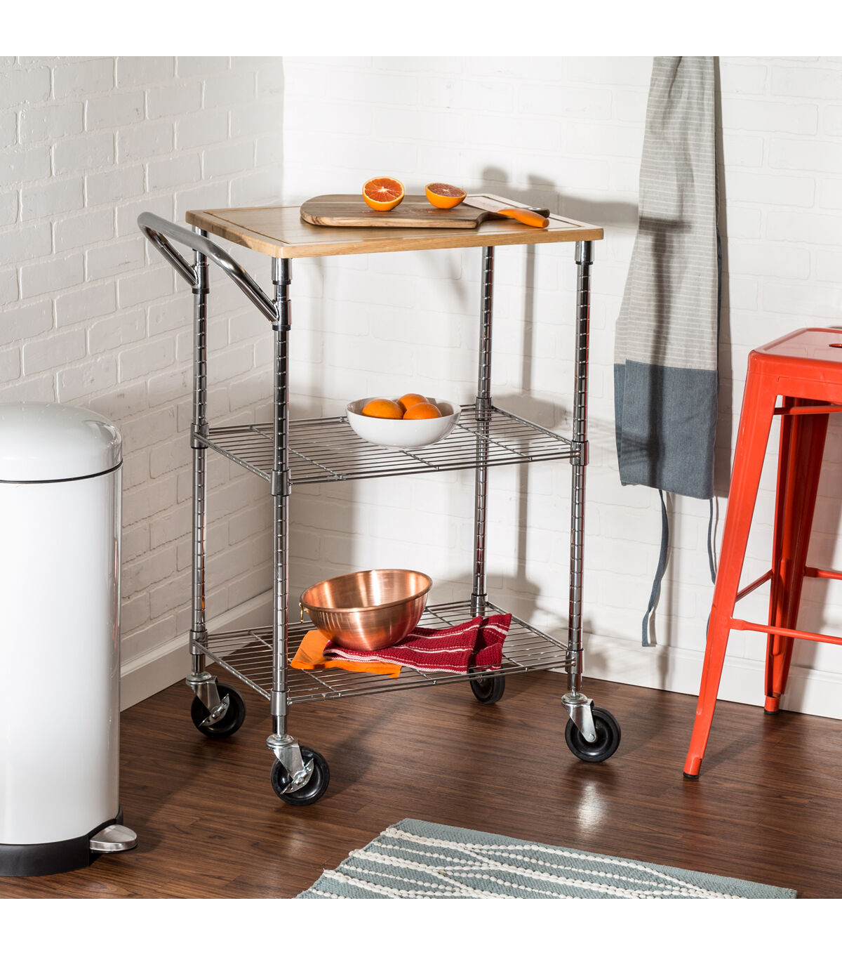 Honey Can Do 38 Chrome & Wood 3 Tier Kitchen Cart With Cutting Board